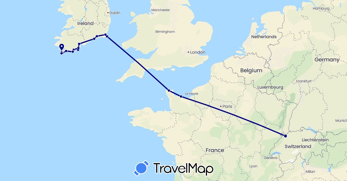 TravelMap itinerary: driving in Switzerland, France, Ireland (Europe)